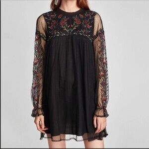 Zara Black Embroidered Floral Mini Dress Sz XS